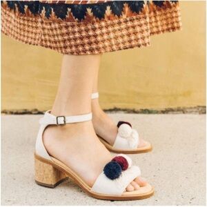 Soludos Capri Pom Pom Fringe Block Heel Sandal Ankle Strap Size 9.5 Open Toe